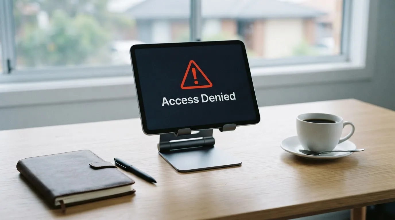 A tablet screen displaying an official regulator warning notice on a desk beside a coffee cup.
