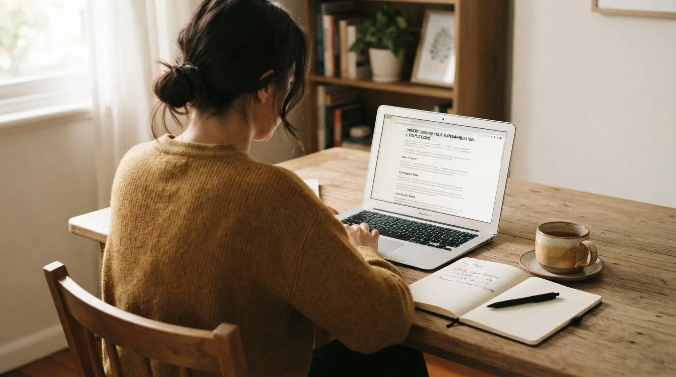 A person at a laptop reading a plain-language explainer article at a home desk.