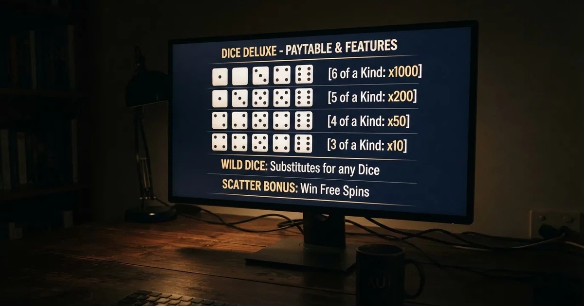 A slot machine's paytable screen glowing on a monitor in a dim room.