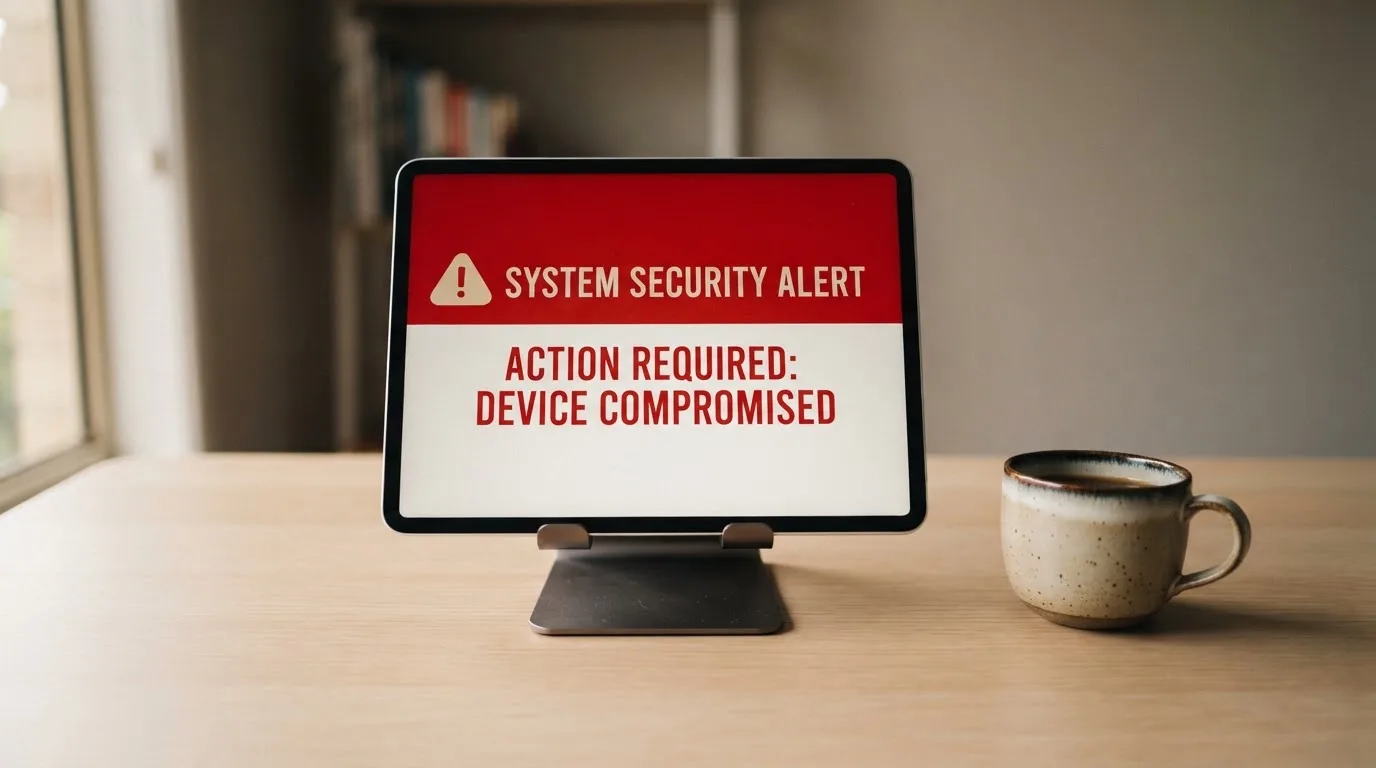 A tablet screen displaying an official regulator warning notice on a desk beside a coffee cup.