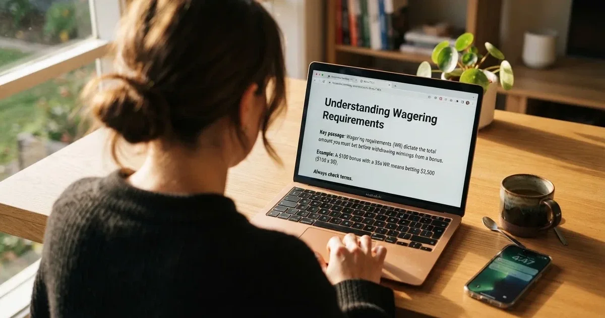 A laptop screen showing a terms-and-conditions page with wagering requirements highlighted.