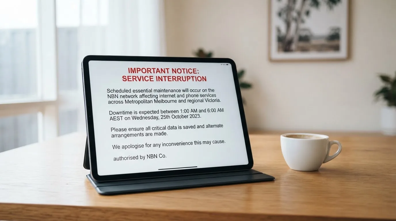 A tablet screen displaying an official regulator warning notice on a desk beside a coffee cup.