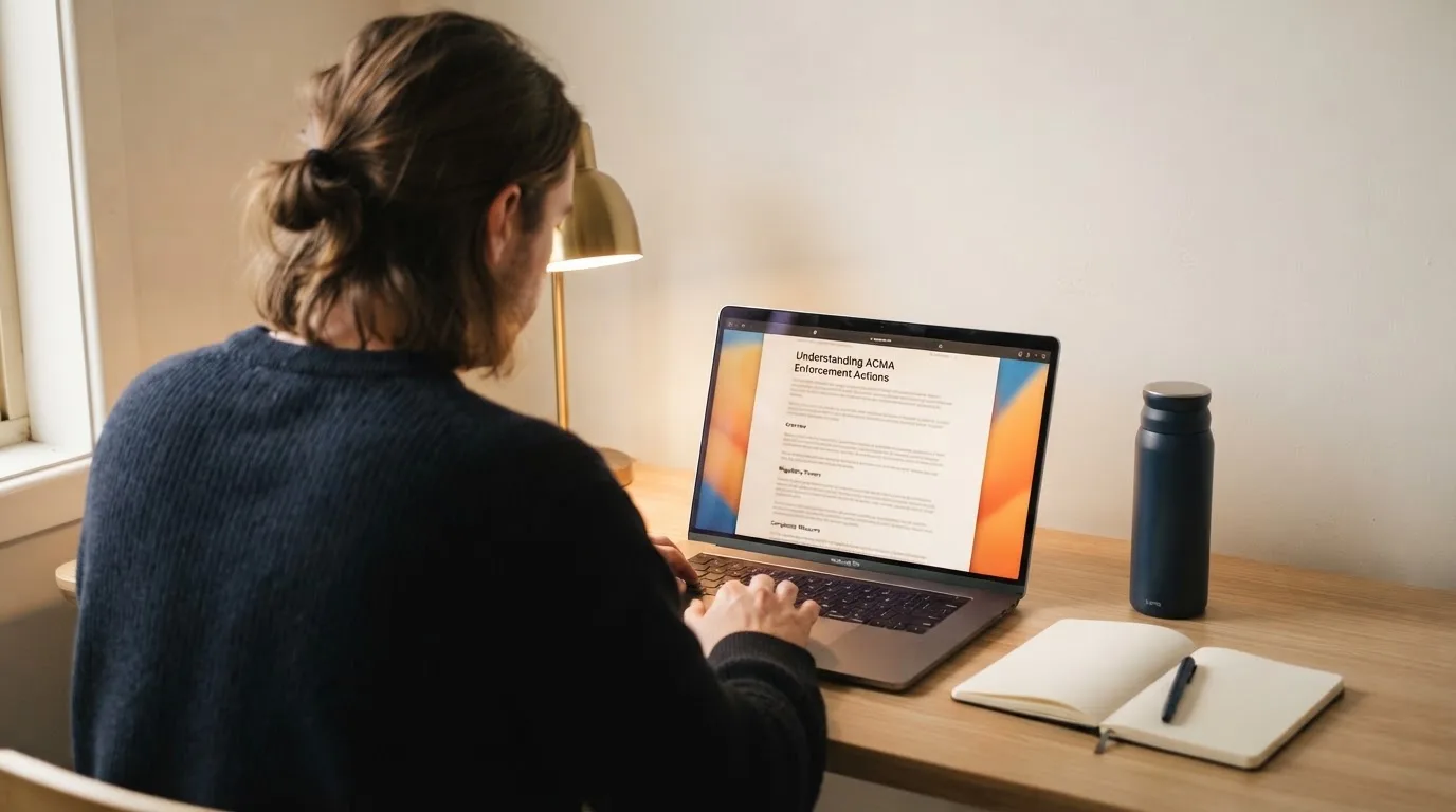 A person at a laptop reading a plain-language explainer article at a home desk.