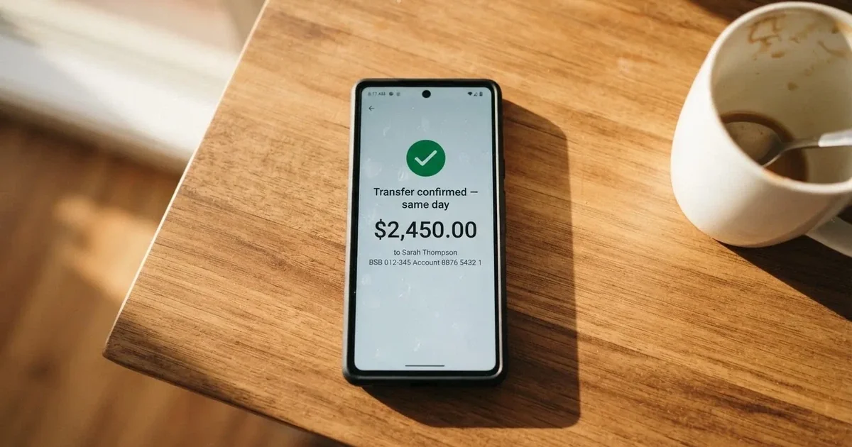 A close-up of a banking app on a smartphone showing a same-day transfer confirmation on a kitchen table.
