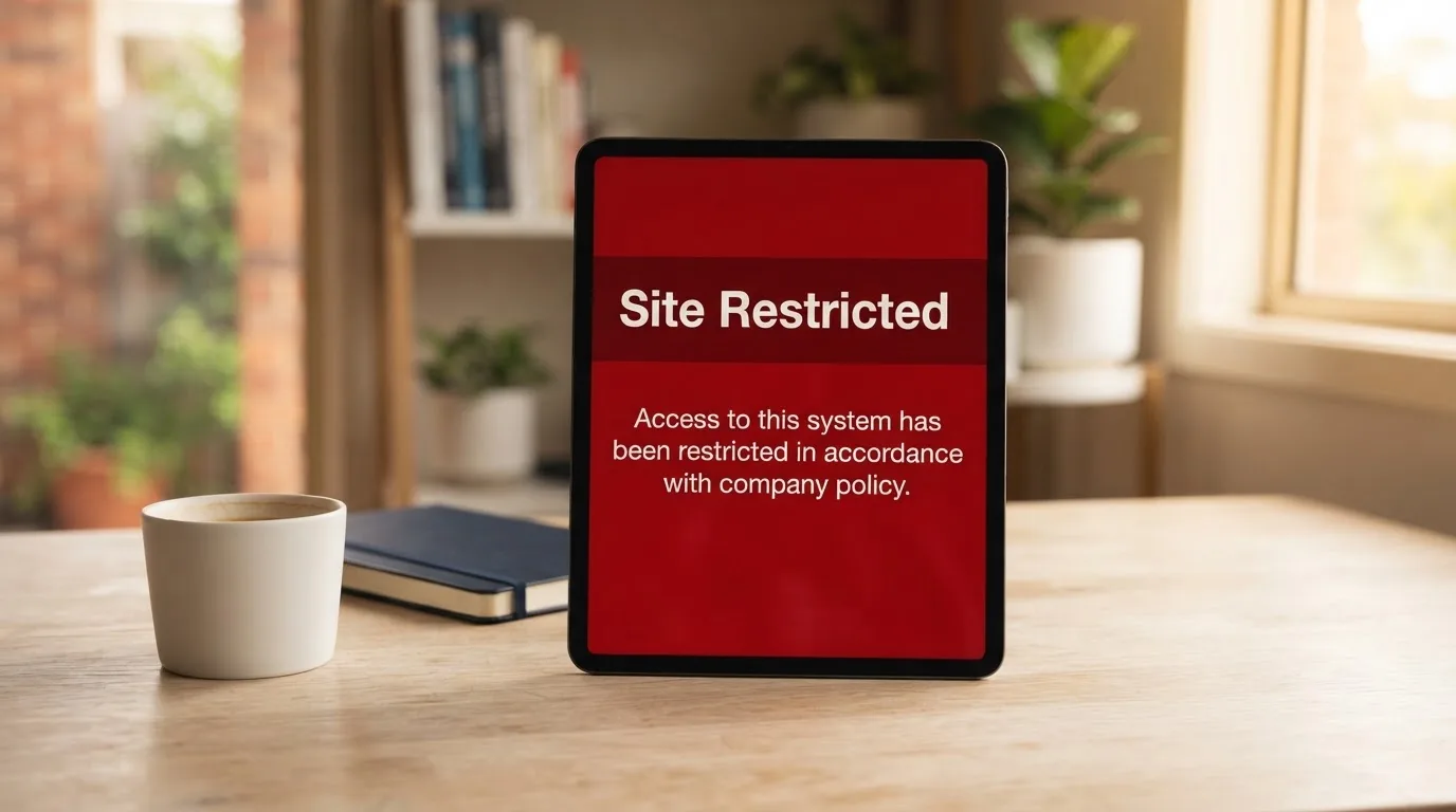 A tablet screen displaying an official regulator warning notice on a desk beside a coffee cup.