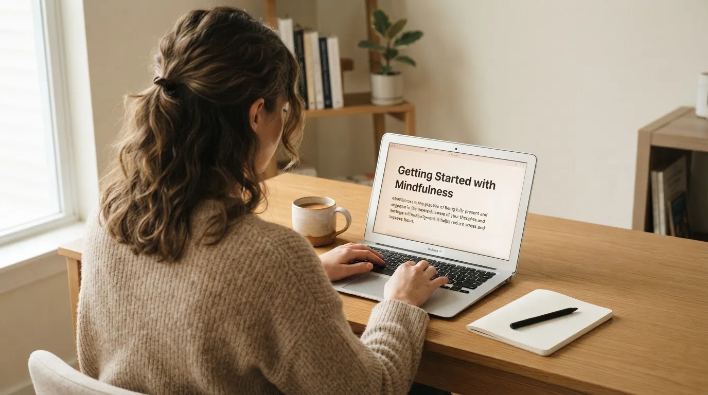 A person at a laptop reading a plain-language explainer article at a home desk.