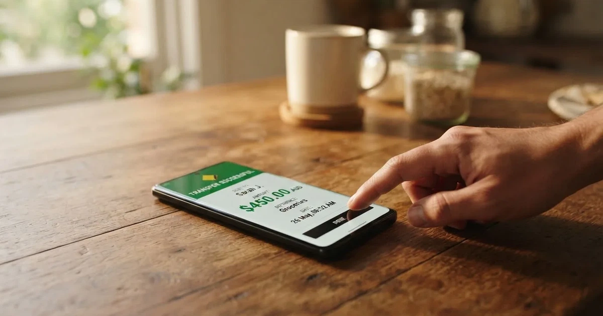 A close-up of a banking app on a smartphone showing a same-day transfer confirmation on a kitchen table.