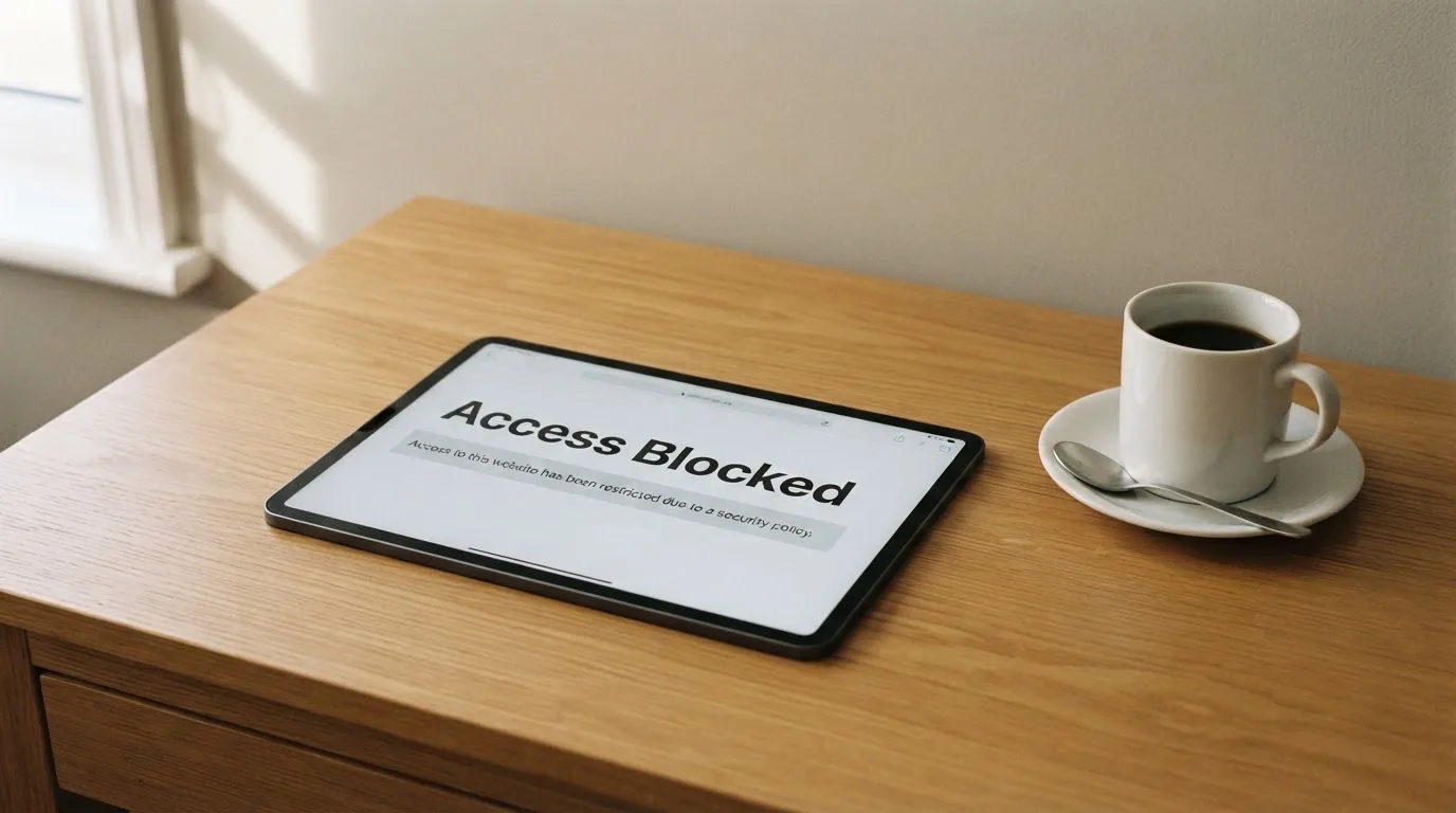 A tablet screen displaying an official regulator warning notice on a desk beside a coffee cup.