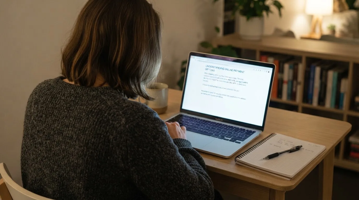 A person at a laptop reading a plain-language explainer article at a home desk.