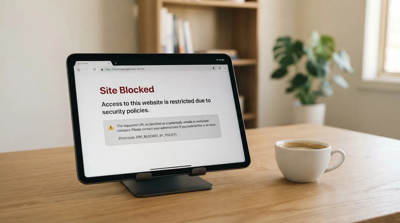 A tablet screen displaying an official regulator warning notice on a desk beside a coffee cup.