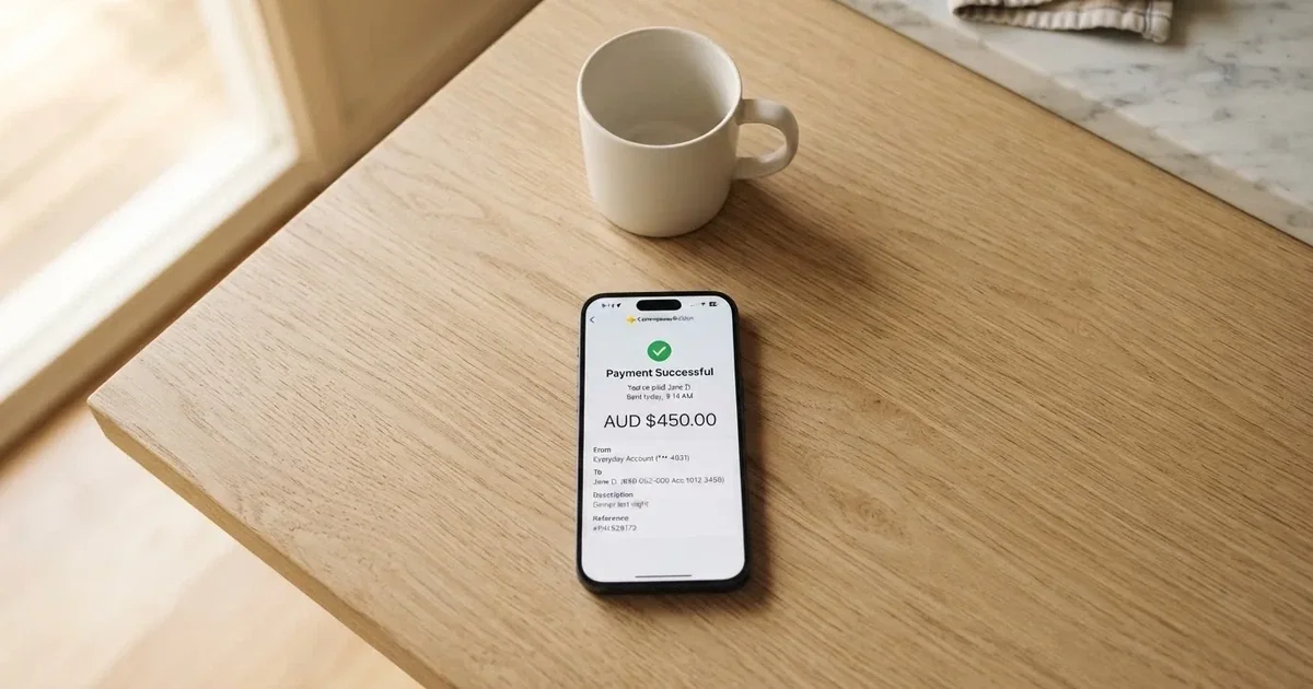 A close-up of a banking app on a smartphone showing a same-day transfer confirmation on a kitchen table.