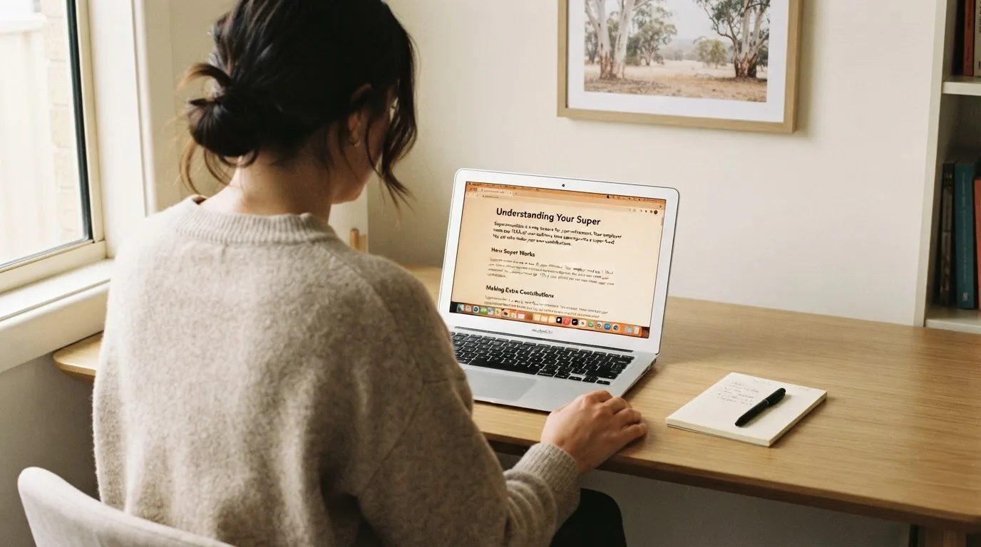A person at a laptop reading a plain-language explainer article at a home desk.
