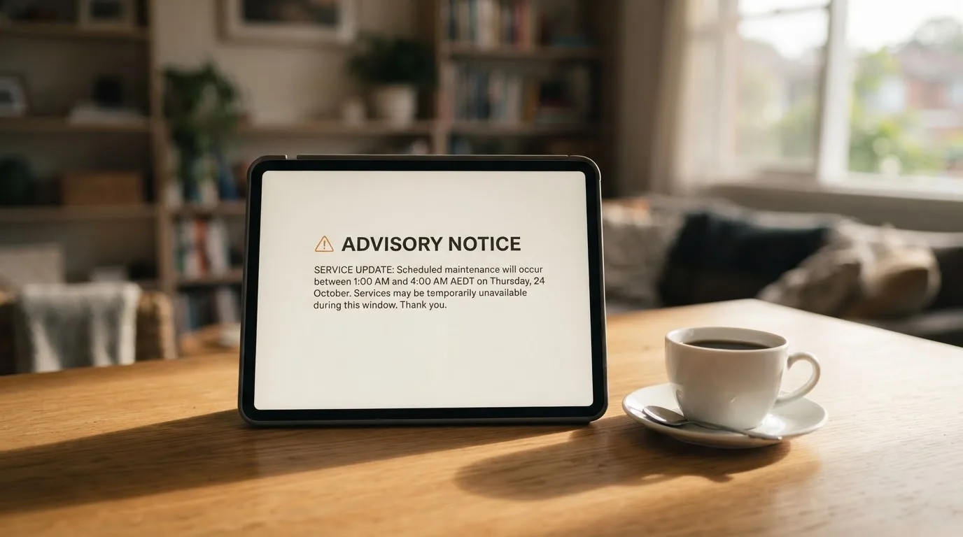 A tablet screen displaying an official regulator warning notice on a desk beside a coffee cup.