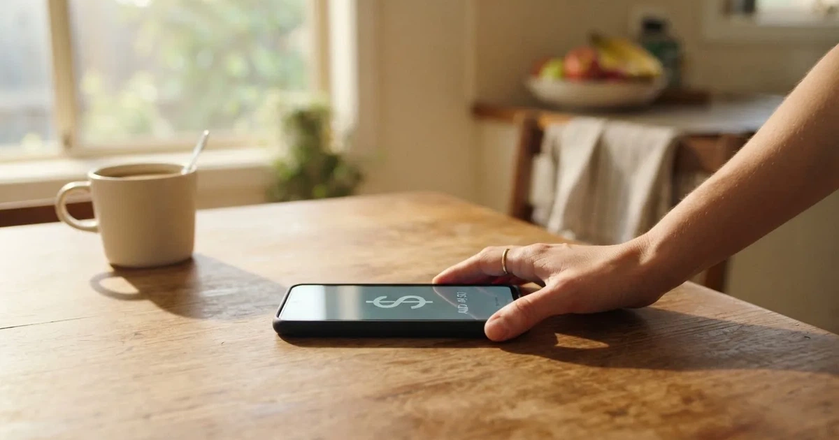 A close-up of a banking app on a smartphone showing a same-day transfer confirmation on a kitchen table.