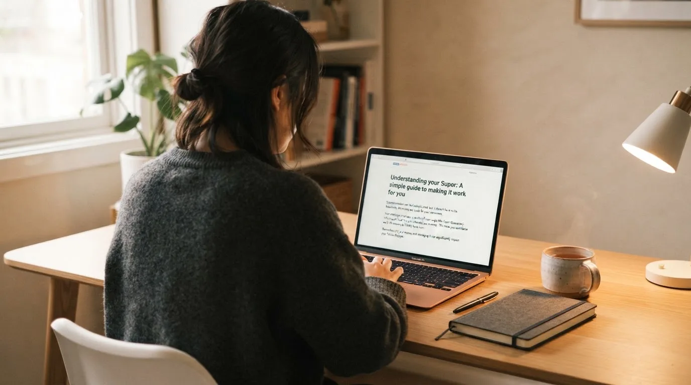 A person at a laptop reading a plain-language explainer article at a home desk.