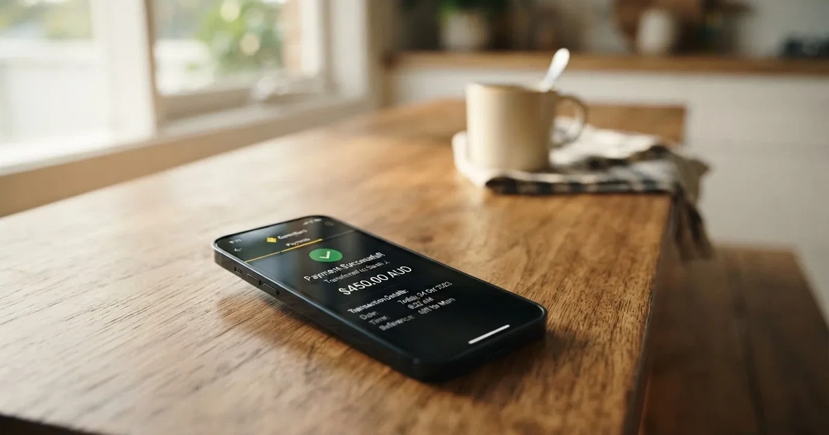 A close-up of a banking app on a smartphone showing a same-day transfer confirmation on a kitchen table.