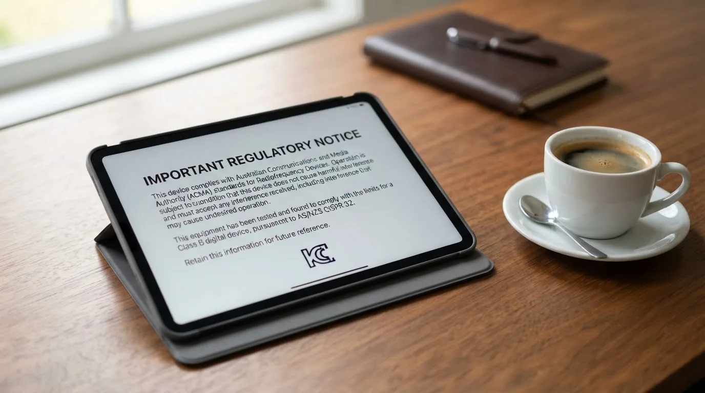 A tablet screen displaying an official regulator warning notice on a desk beside a coffee cup.