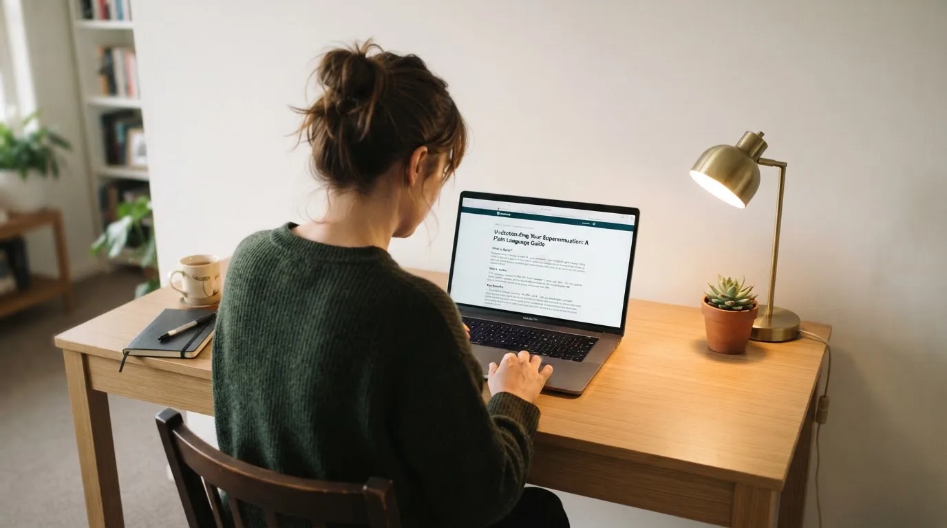 A person at a laptop reading a plain-language explainer article at a home desk.