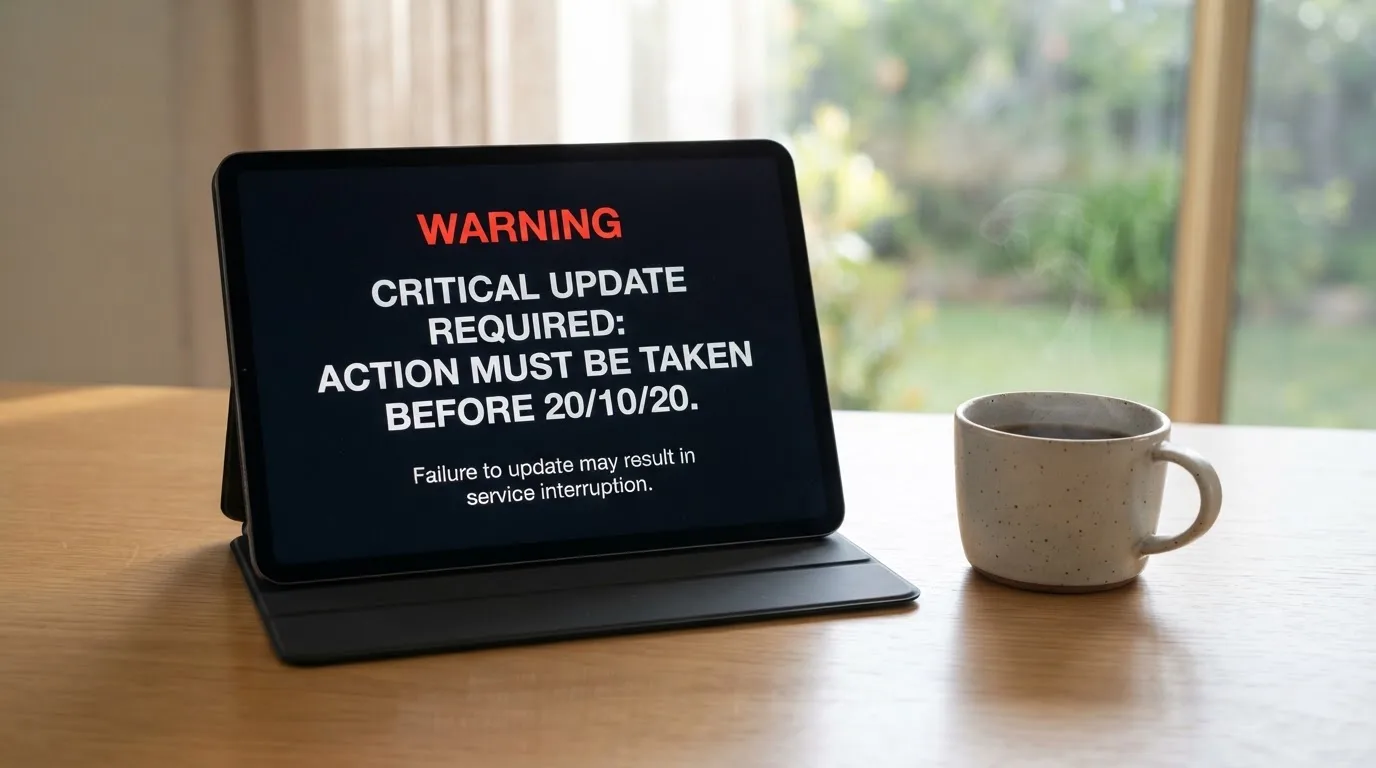A tablet screen displaying an official regulator warning notice on a desk beside a coffee cup.