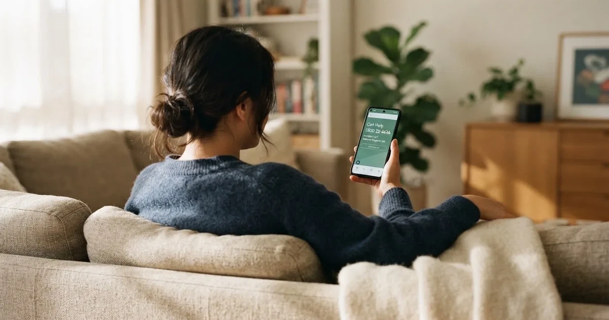 A person looking at a support helpline page on a phone while sitting on a couch.