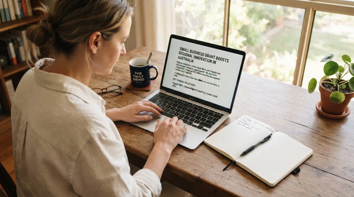 A person at a laptop reading a plain-language explainer article at a home desk.