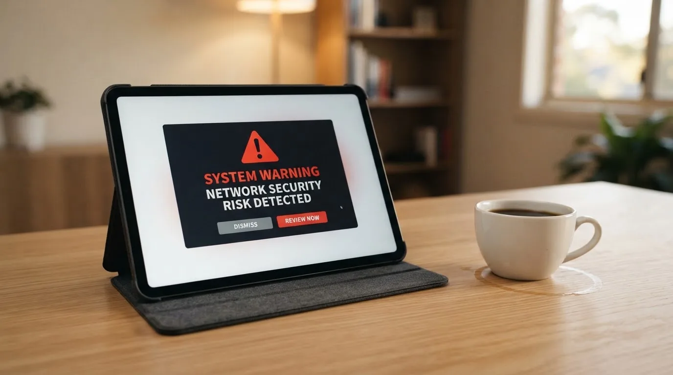 A tablet screen displaying an official regulator warning notice on a desk beside a coffee cup.