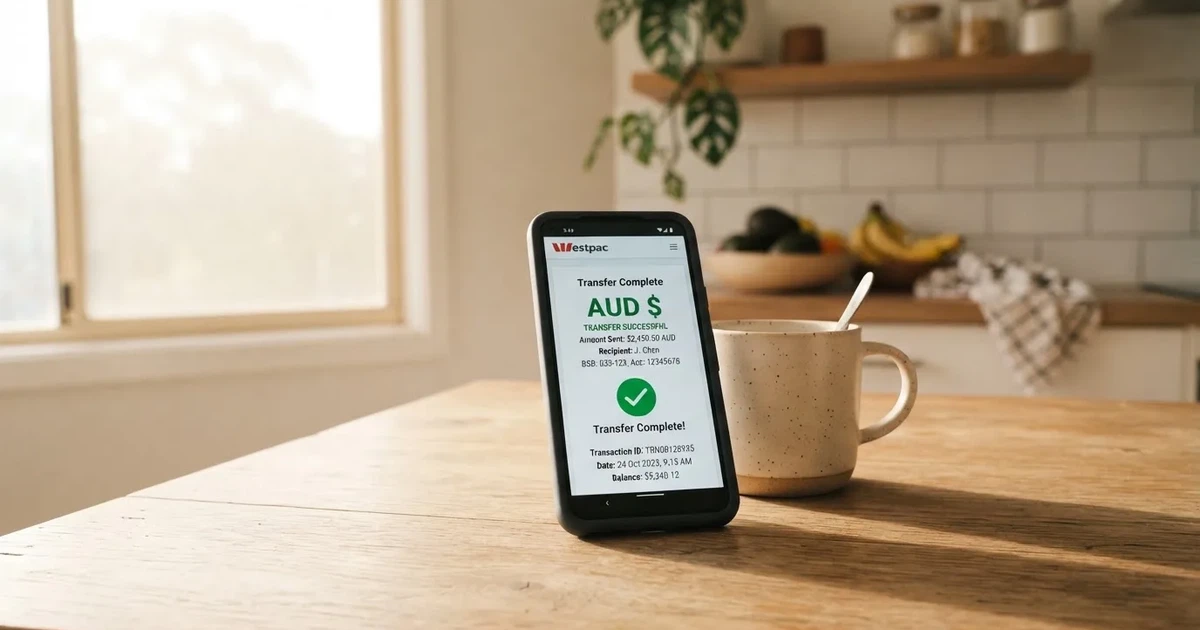 A close-up of a banking app on a smartphone showing a same-day transfer confirmation on a kitchen table.