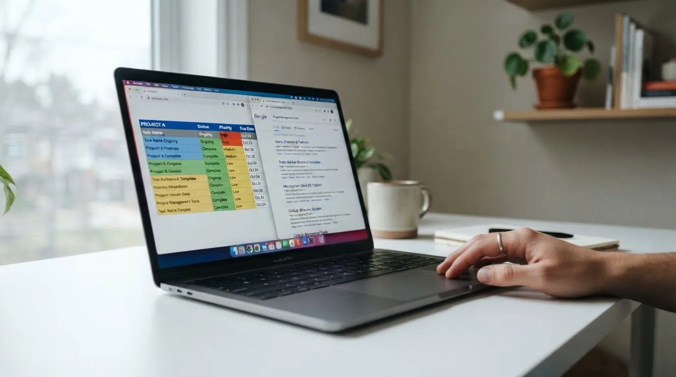 A laptop screen split between two browser tabs, one showing a comparison table and the other a search results page.
