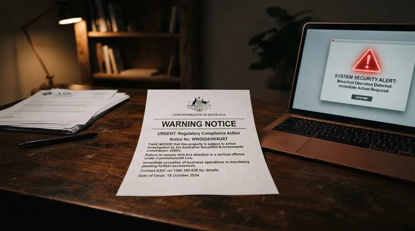 A printed government warning notice on a desk beside a laptop with a red alert icon on the screen.