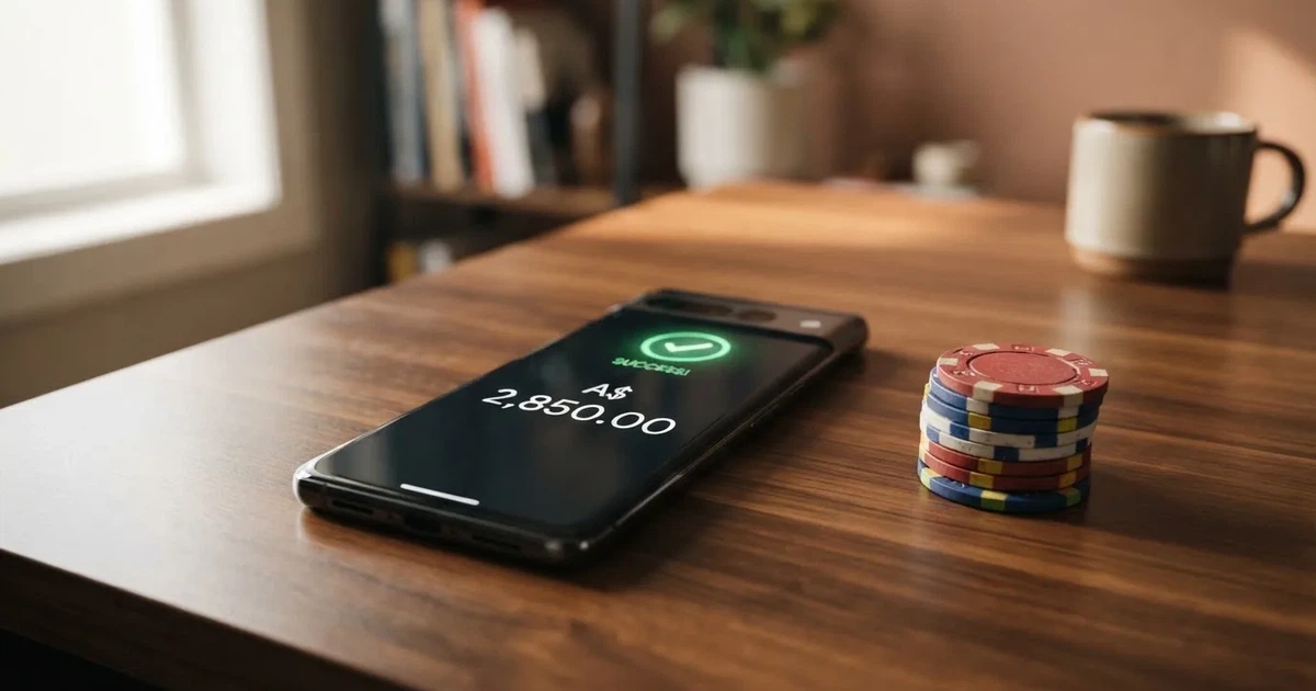 A phone displaying a bank transfer confirmation screen next to a stack of Australian dollar notes.