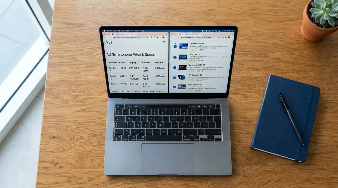 A laptop screen split between two browser tabs, one showing a comparison table and the other a search results page.