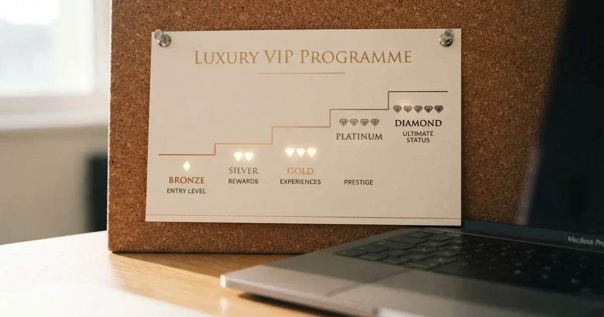 A gold-coloured tier chart pinned to a corkboard next to a laptop keyboard.