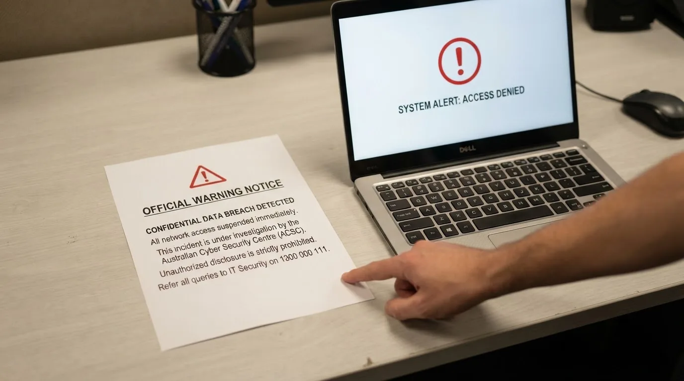 A printed government warning notice on a desk beside a laptop with a red alert icon on the screen.