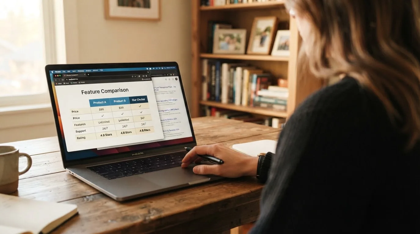A laptop screen split between two browser tabs, one showing a comparison table and the other a search results page.