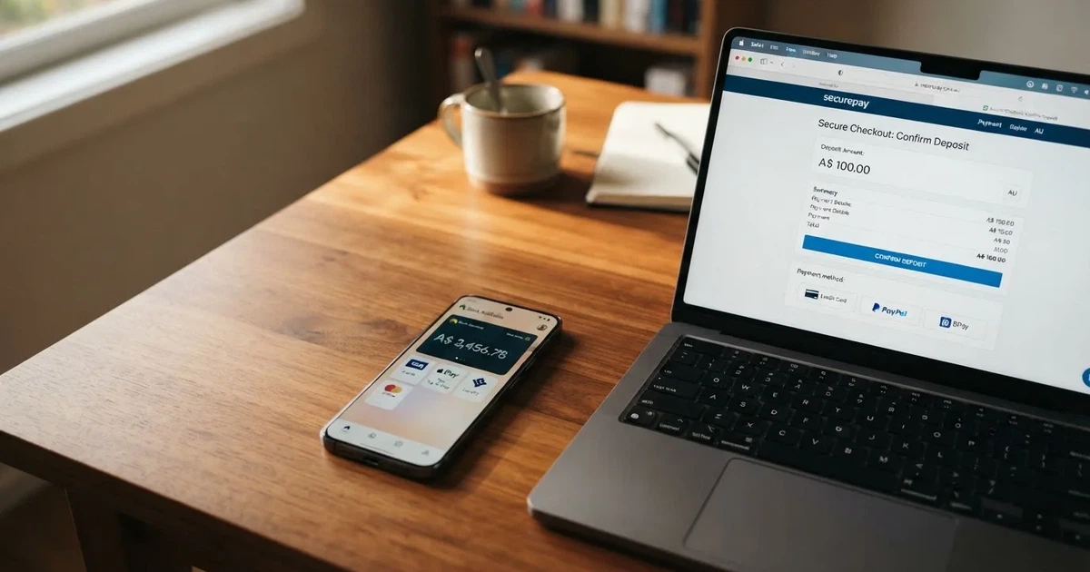 A smartphone screen showing a digital wallet balance next to a laptop cashier page.