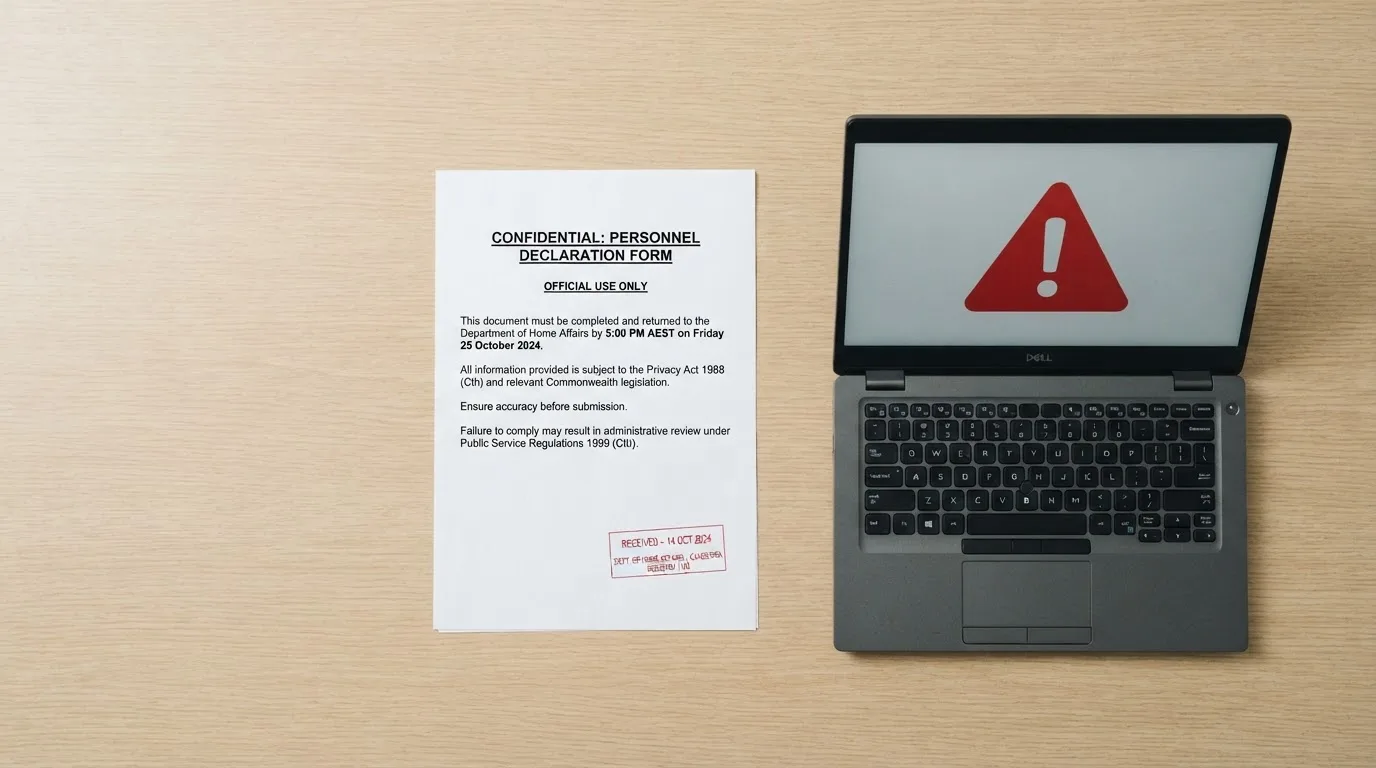 A printed government warning notice on a desk beside a laptop with a red alert icon on the screen.
