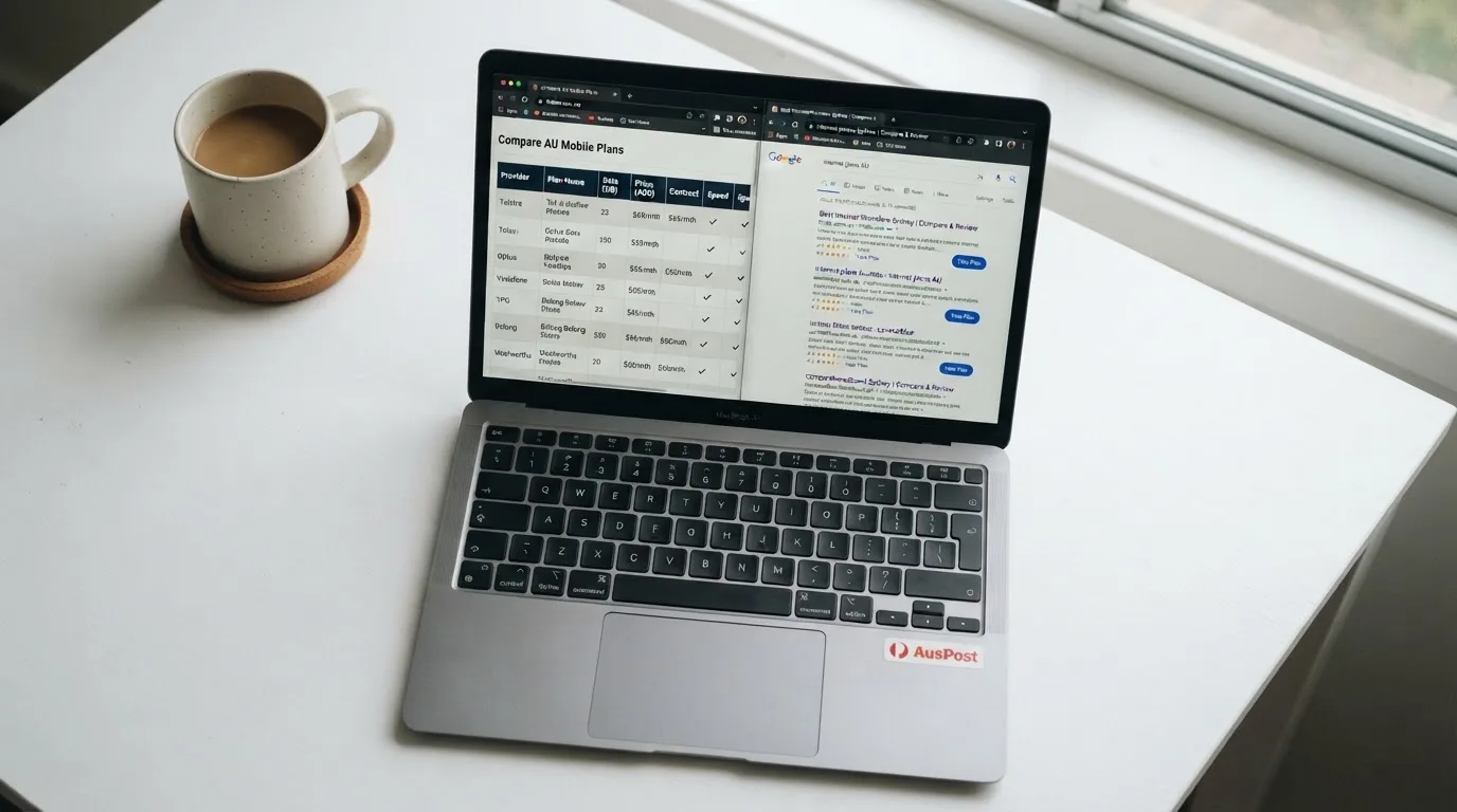 A laptop screen split between two browser tabs, one showing a comparison table and the other a search results page.