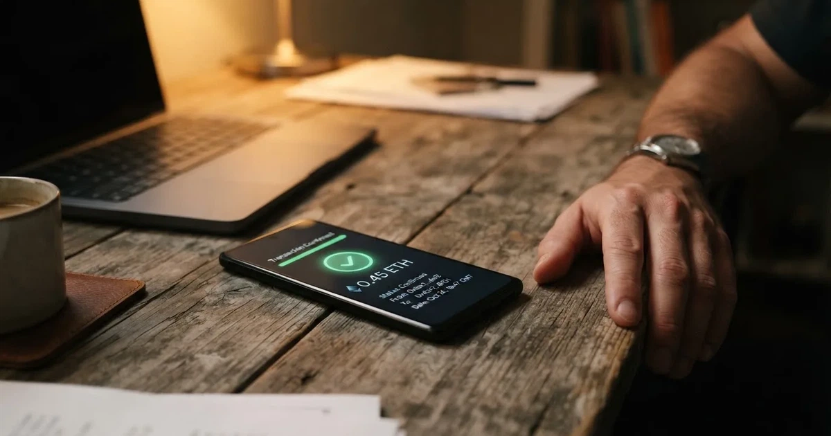 A phone displaying a blockchain transaction confirmation screen next to a laptop keyboard.