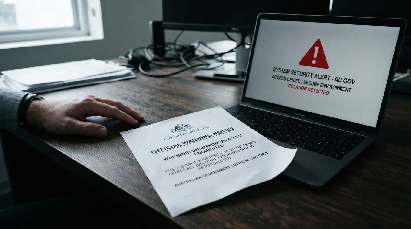 A printed government warning notice on a desk beside a laptop with a red alert icon on the screen.