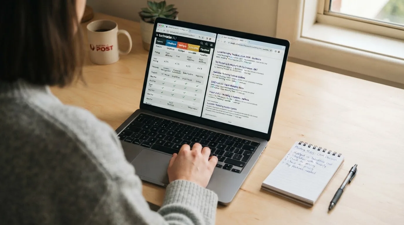 A laptop screen split between two browser tabs, one showing a comparison table and the other a search results page.