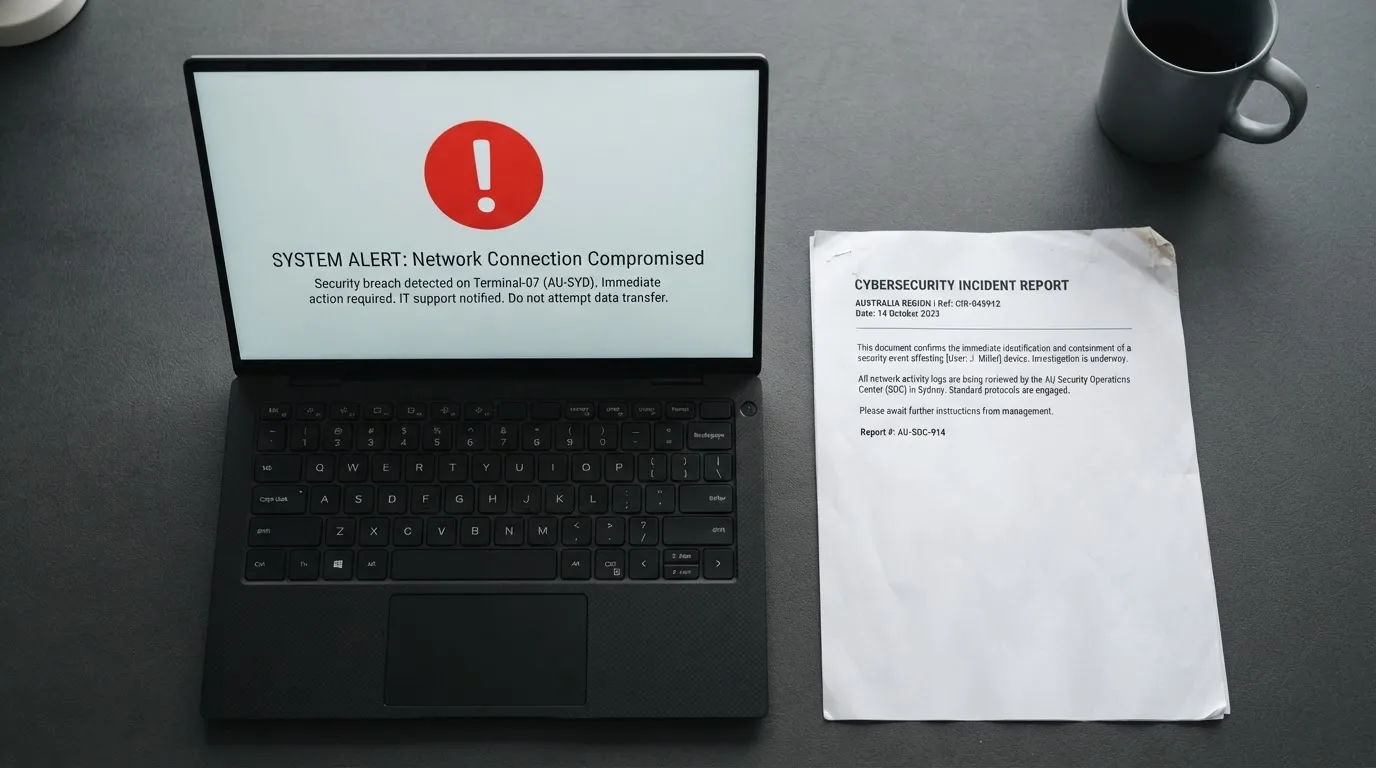 A printed government warning notice on a desk beside a laptop with a red alert icon on the screen.