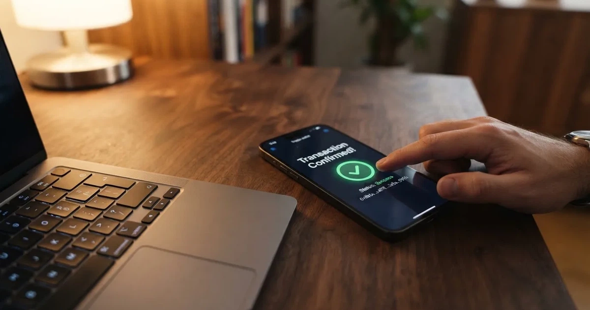 A phone displaying a blockchain transaction confirmation screen next to a laptop keyboard.