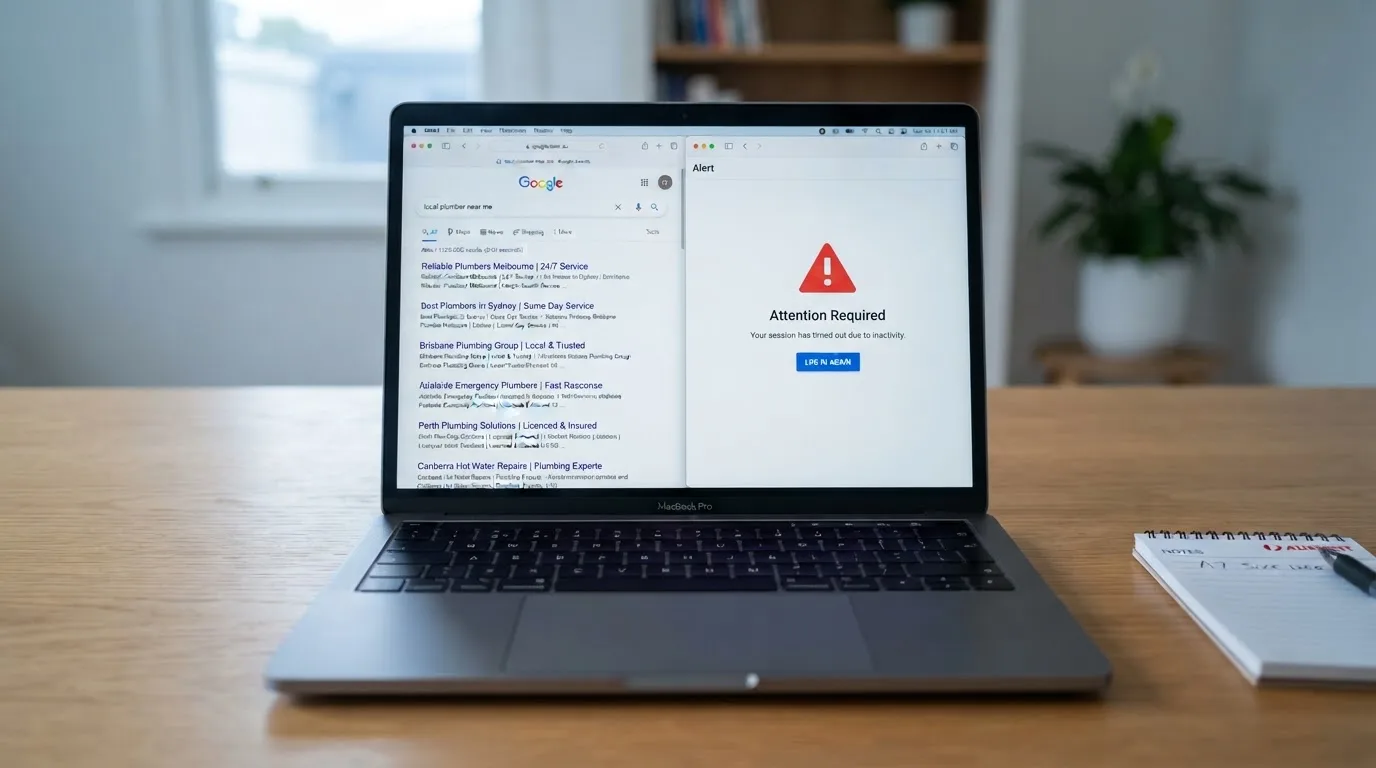 A laptop screen split between two browser tabs, one showing a comparison table and the other a search results page.