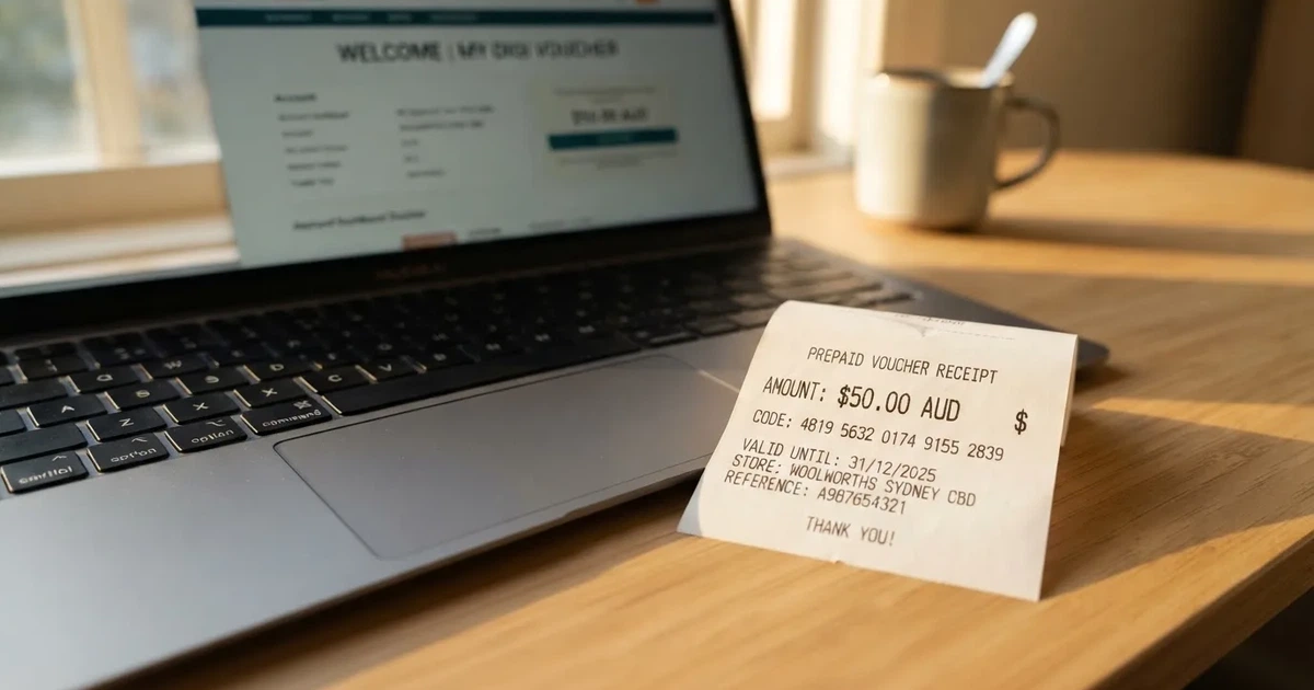 A printed prepaid voucher receipt lying beside a laptop keyboard.