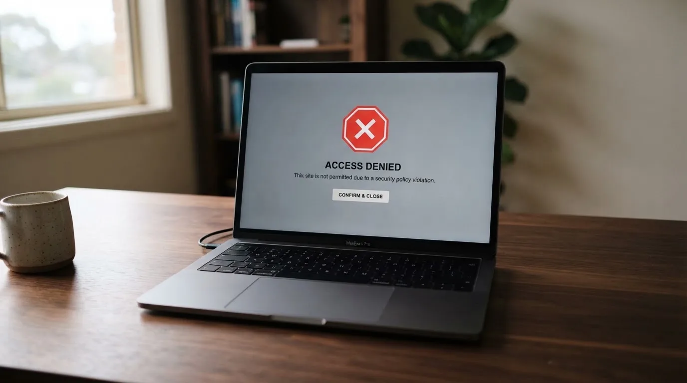 A printed government warning notice on a desk beside a laptop with a red alert icon on the screen.