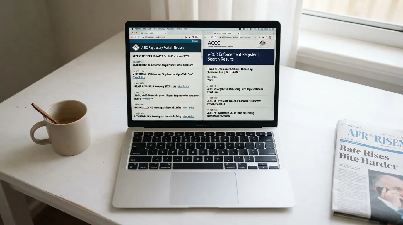 A laptop screen split between two browser tabs, one showing a comparison table and the other a search results page.