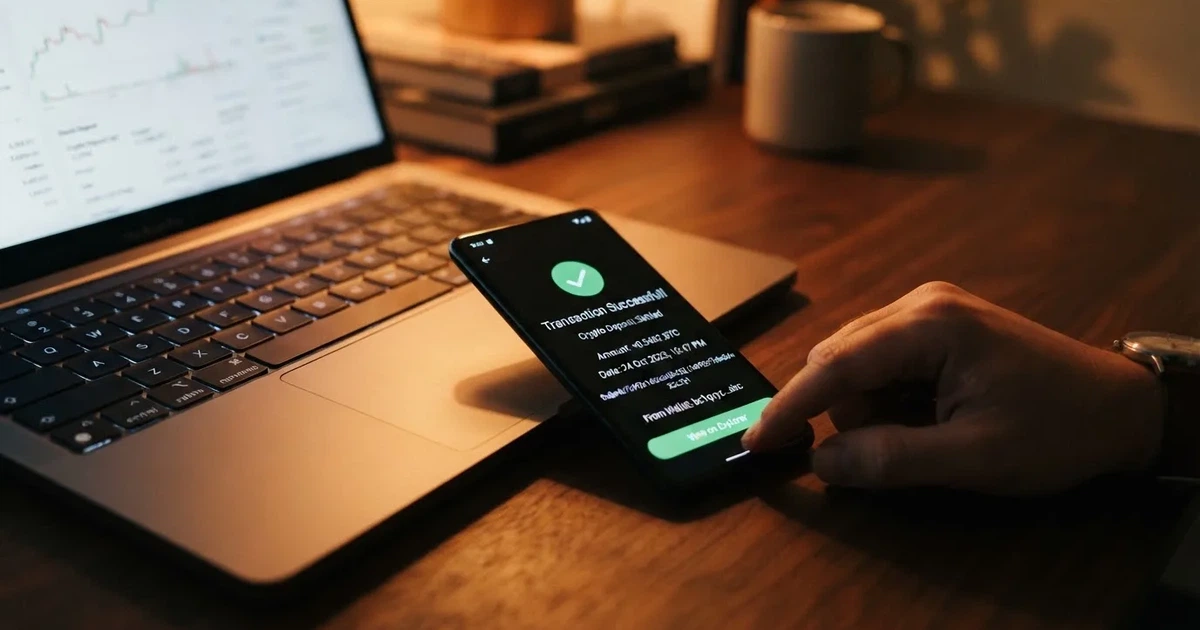 A phone displaying a blockchain transaction confirmation screen next to a laptop keyboard.