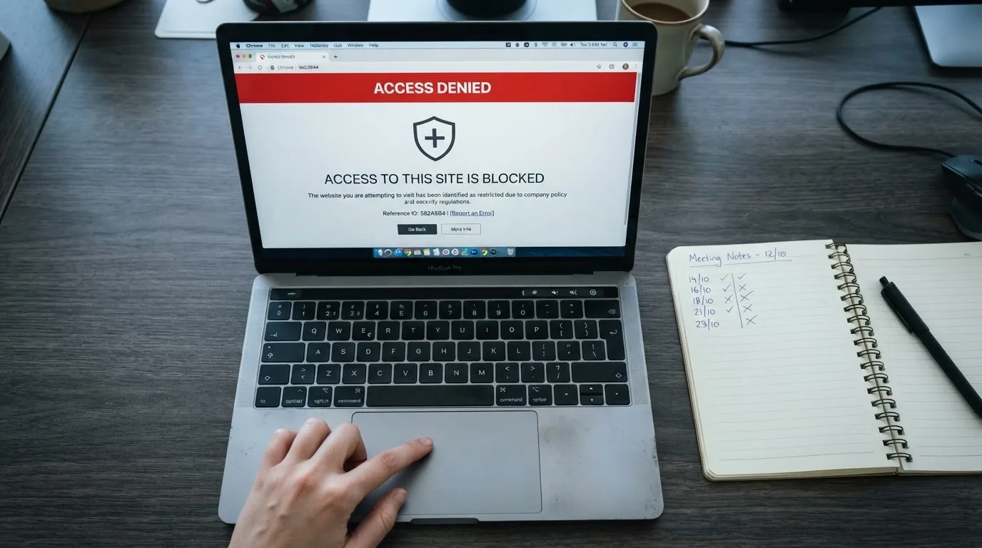 A printed government warning notice on a desk beside a laptop with a red alert icon on the screen.