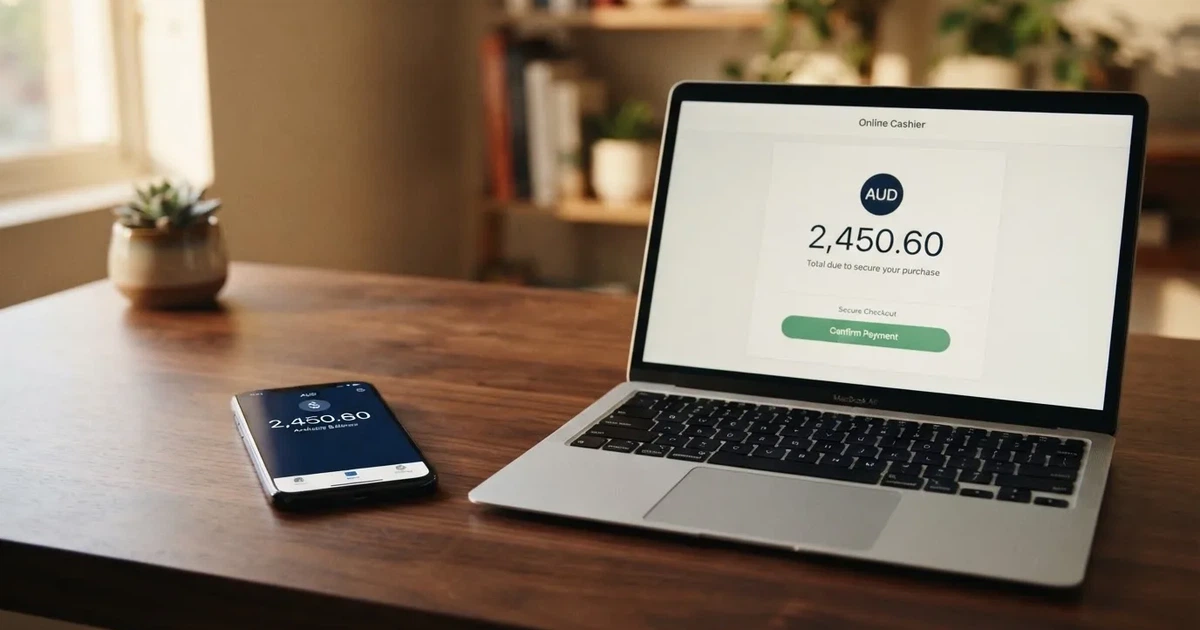 A smartphone screen showing a digital wallet balance next to a laptop cashier page.