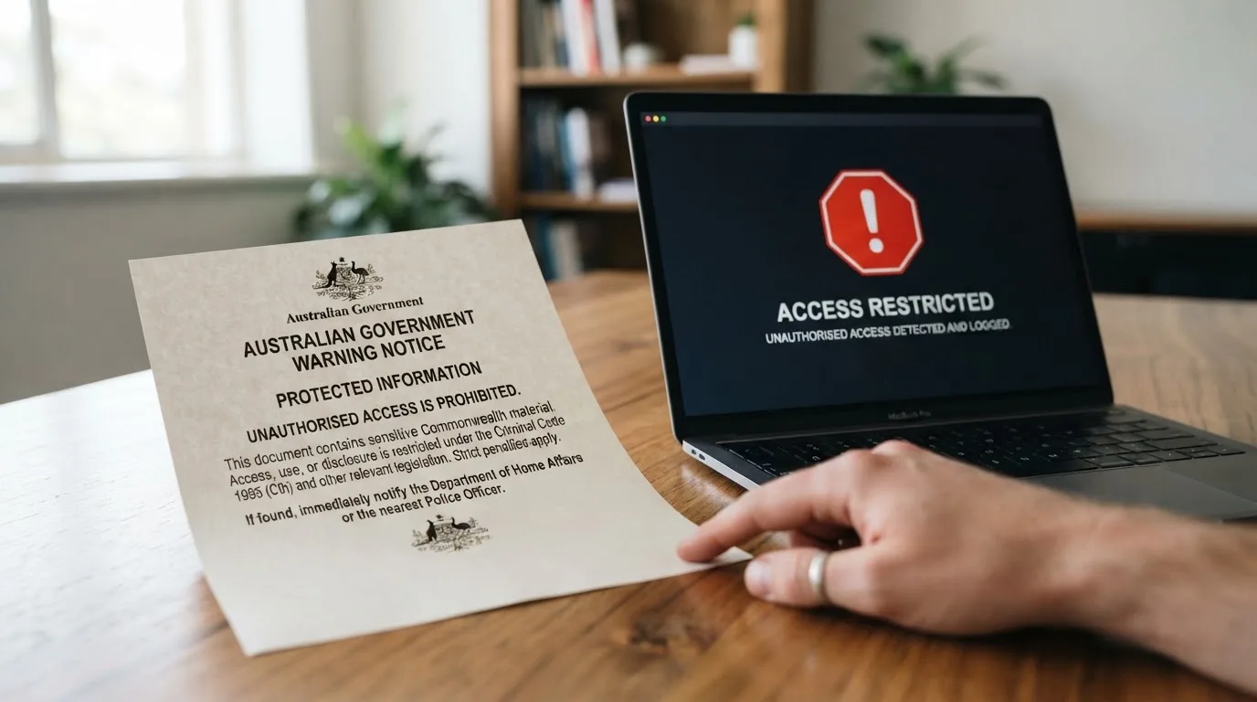 A printed government warning notice on a desk beside a laptop with a red alert icon on the screen.